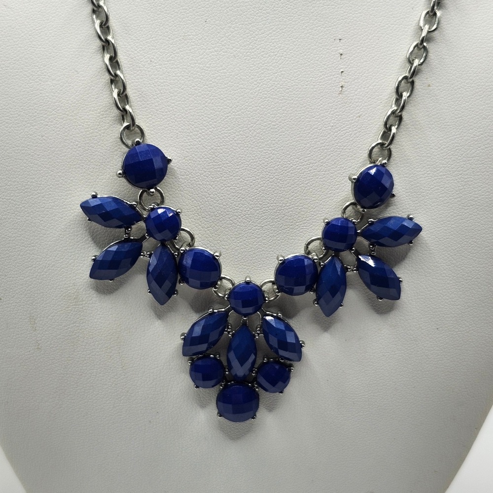 Blue Faux Gemstone Cluster Statement Necklace Silver Tone Chain Adjustable Clasp